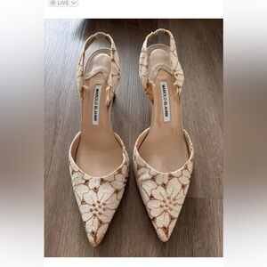 Manolo Blahnik Cream and Brown Floral Heels